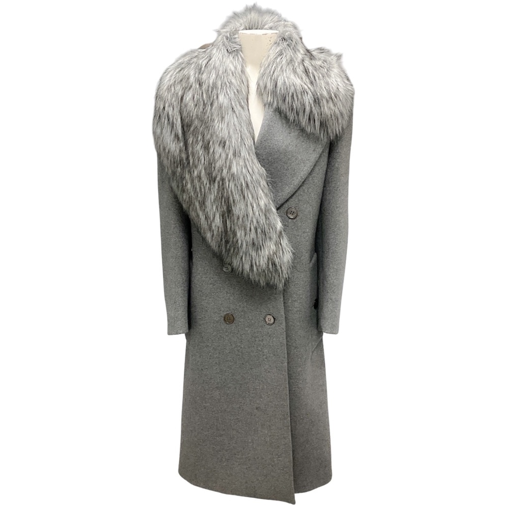 MICHAEL KORS COLLECTION GREY BANKER MELANGE WOOL MELTON AND FAUX FUR DOUBLE BREA